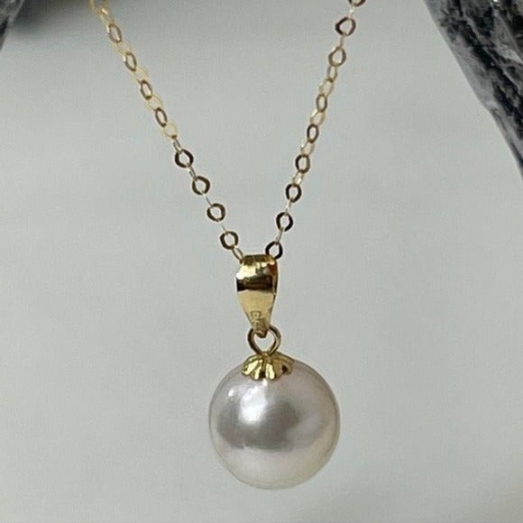 No brand / Not sure Jewelry - 18K Solid Gold Certificated 8.5 mm Natural White AKOYA Pearl Pendant Necklace